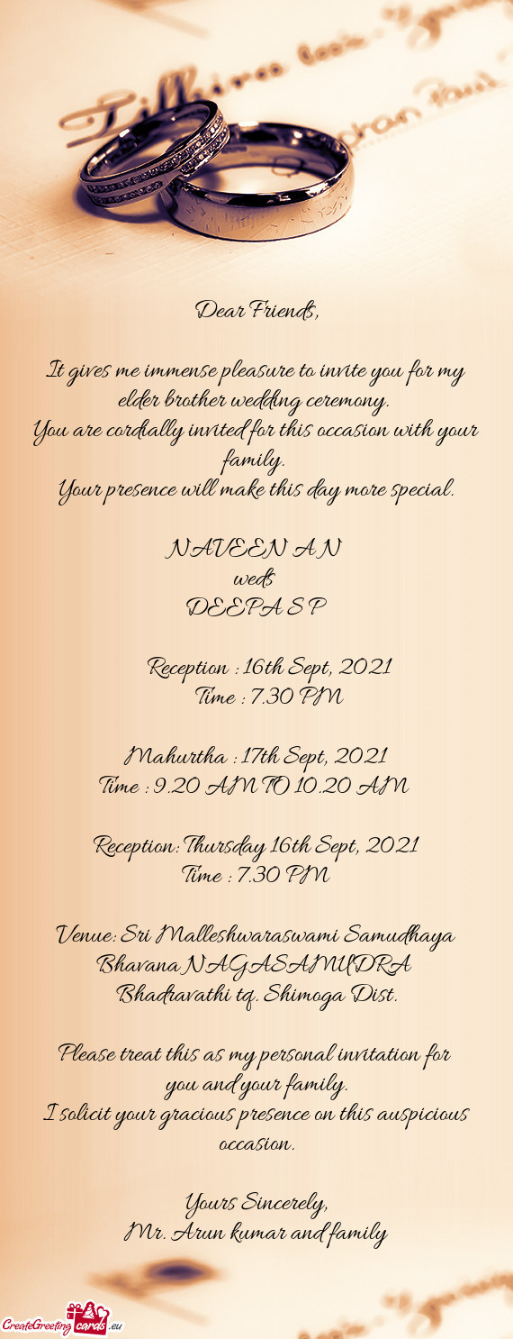 Reception: Thursday 16th Sept, 2021