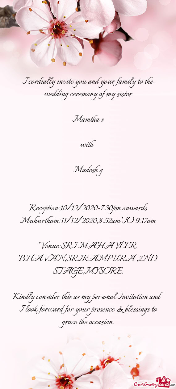 Reception:10/12/2020-7.30pm onwards