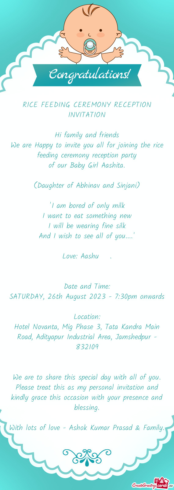 RICE FEEDING CEREMONY RECEPTION INVITATION