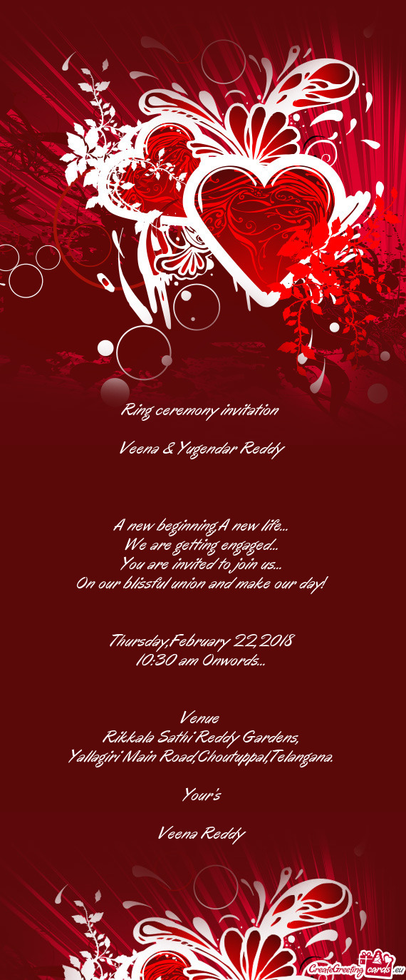 Ring ceremony invitation     Veena & Yugendar Reddy