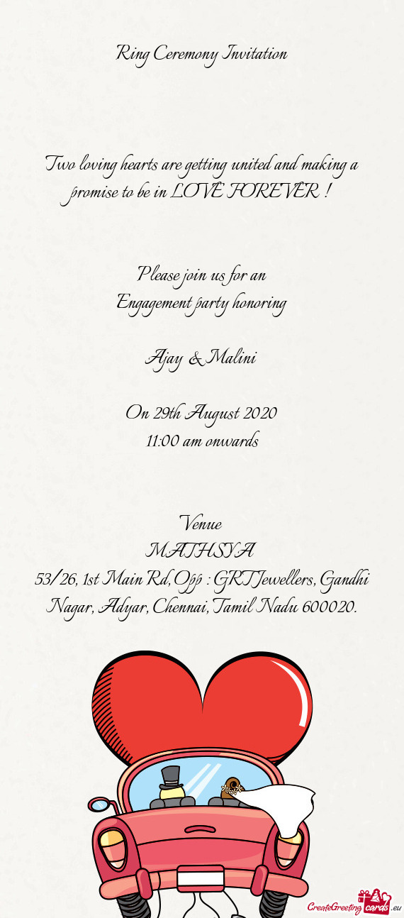 Ring Ceremony Invitation  Two loving hearts are getting united and making a promise to be in L