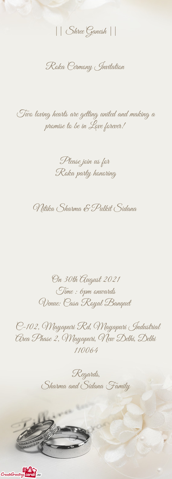 Roka Cermony Invitation