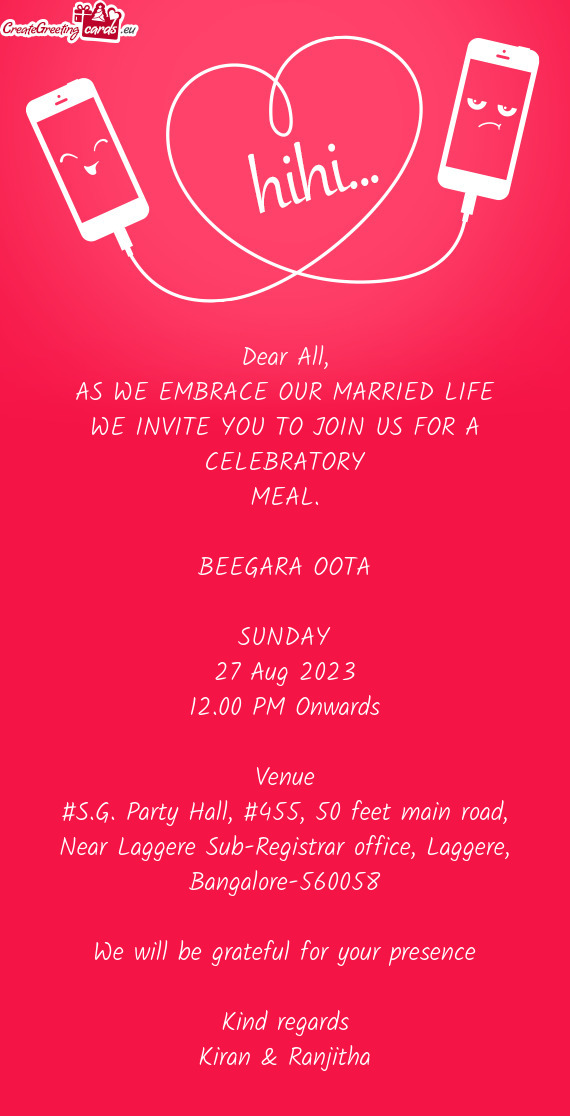 #S.G. Party Hall, #455, 50 feet main road, Near Laggere Sub-Registrar office, Laggere, Bangalore-560