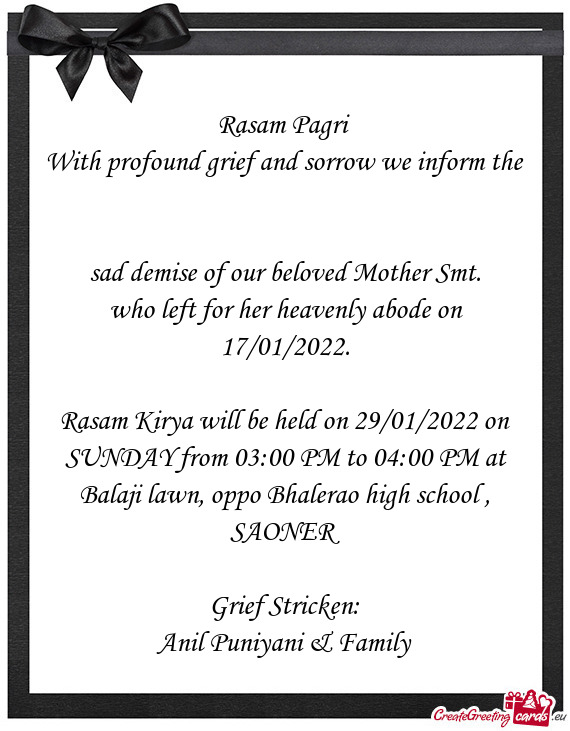 Sad demise of our beloved Mother Smt