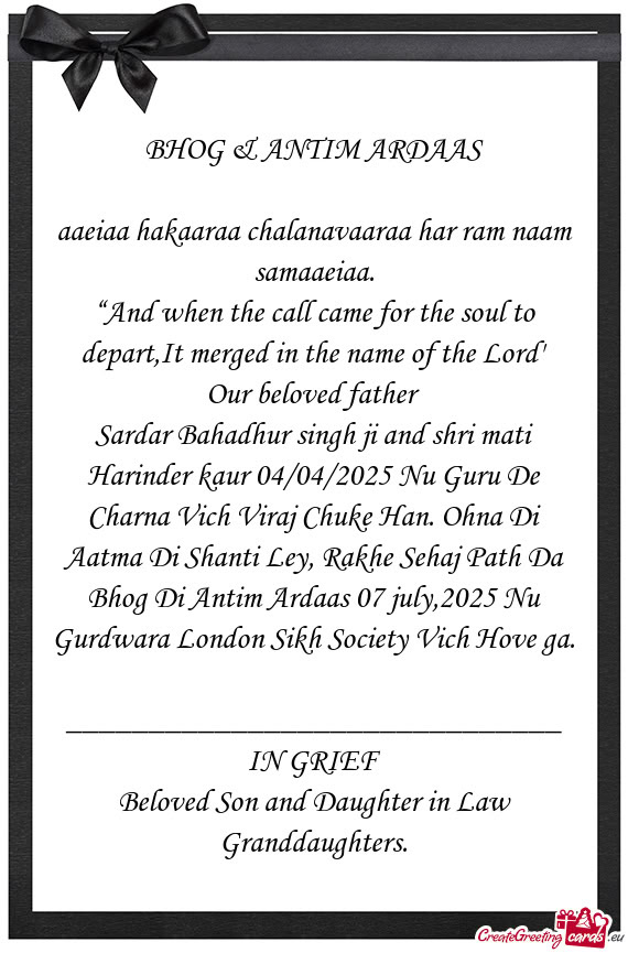 Sardar Bahadhur singh ji and shri mati Harinder kaur 04/04/2025 Nu Guru De Charna Vich Viraj Chuke H