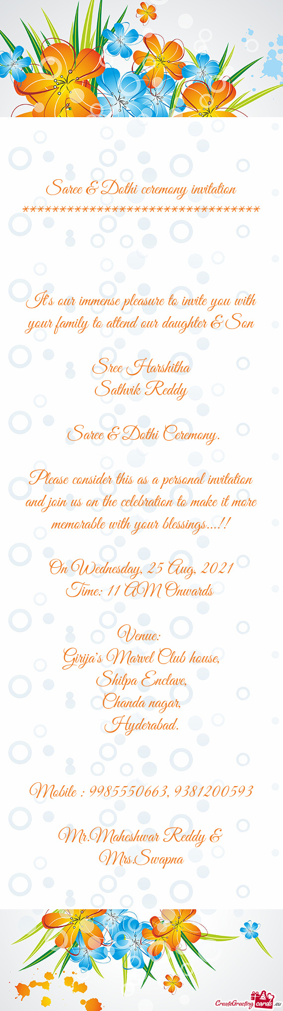 Saree & Dothi ceremony invitation