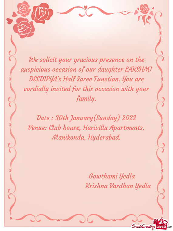 Saree Function. You are cordially invited for this occasion with your family