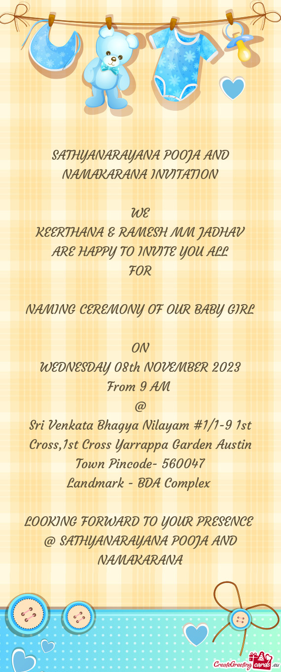 SATHYANARAYANA POOJA AND NAMAKARANA INVITATION