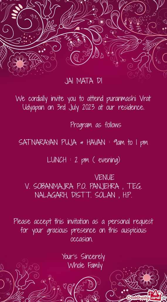 SATNARAYAN PUJA & HAVAN : 9am to 1 pm