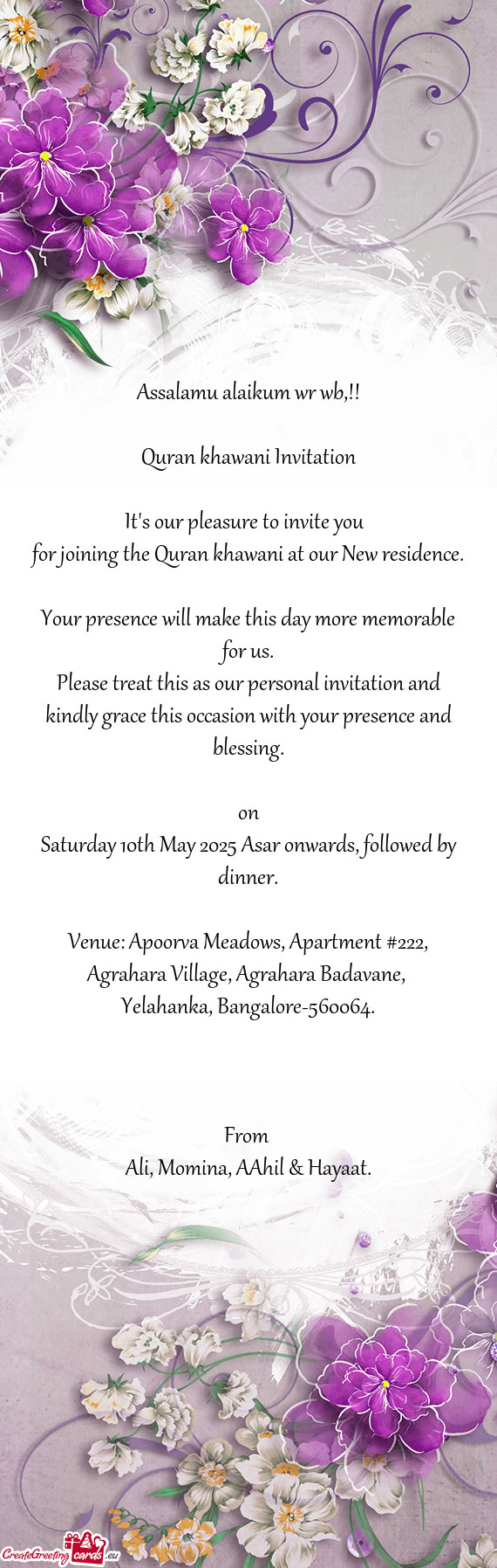 Saturday 10th May 2025 Asar onwards, followed by dinner