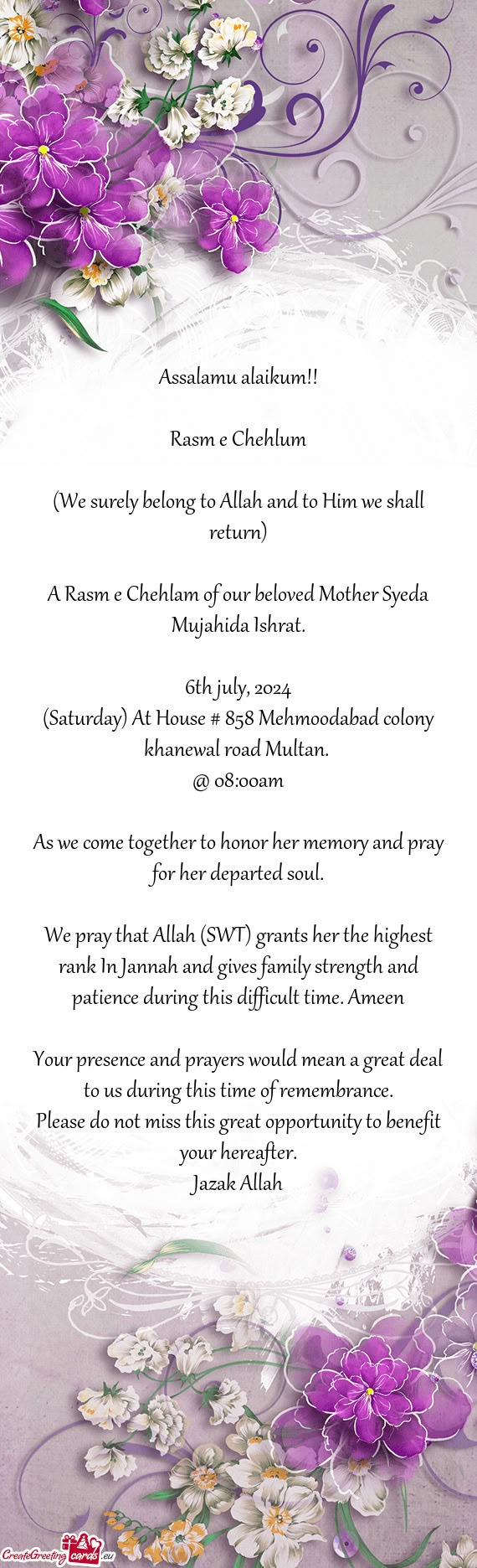 (Saturday) At House # 858 Mehmoodabad colony khanewal road Multan