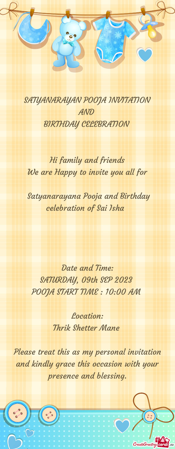 Satyanarayana Pooja and Birthday celebration of Sai Isha