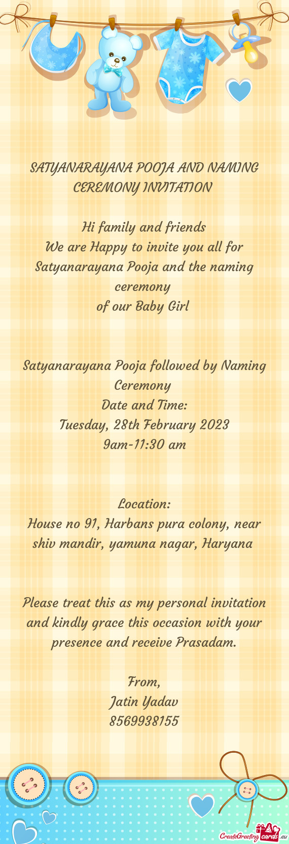 SATYANARAYANA POOJA AND NAMING CEREMONY INVITATION