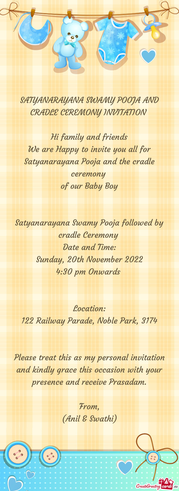 SATYANARAYANA SWAMY POOJA AND CRADLE CEREMONY INVITATION