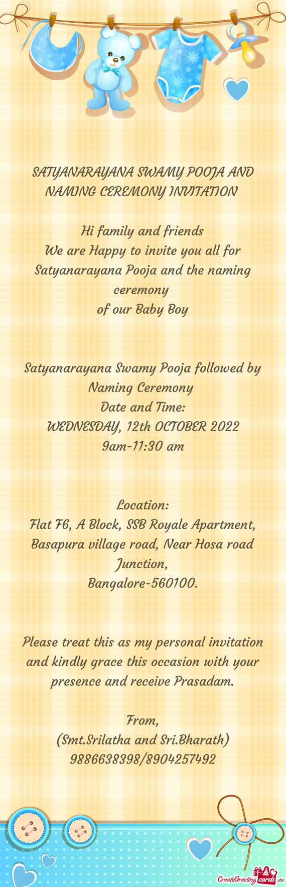 SATYANARAYANA SWAMY POOJA AND NAMING CEREMONY INVITATION