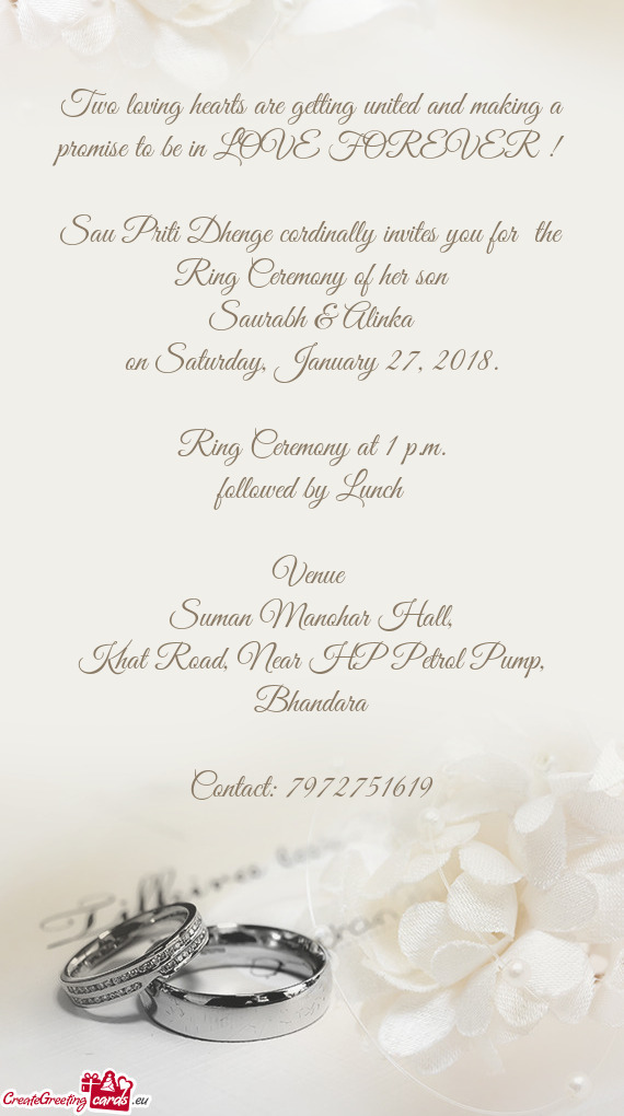 Sau Priti Dhenge cordinally invites you for the Ring Ceremony of her son