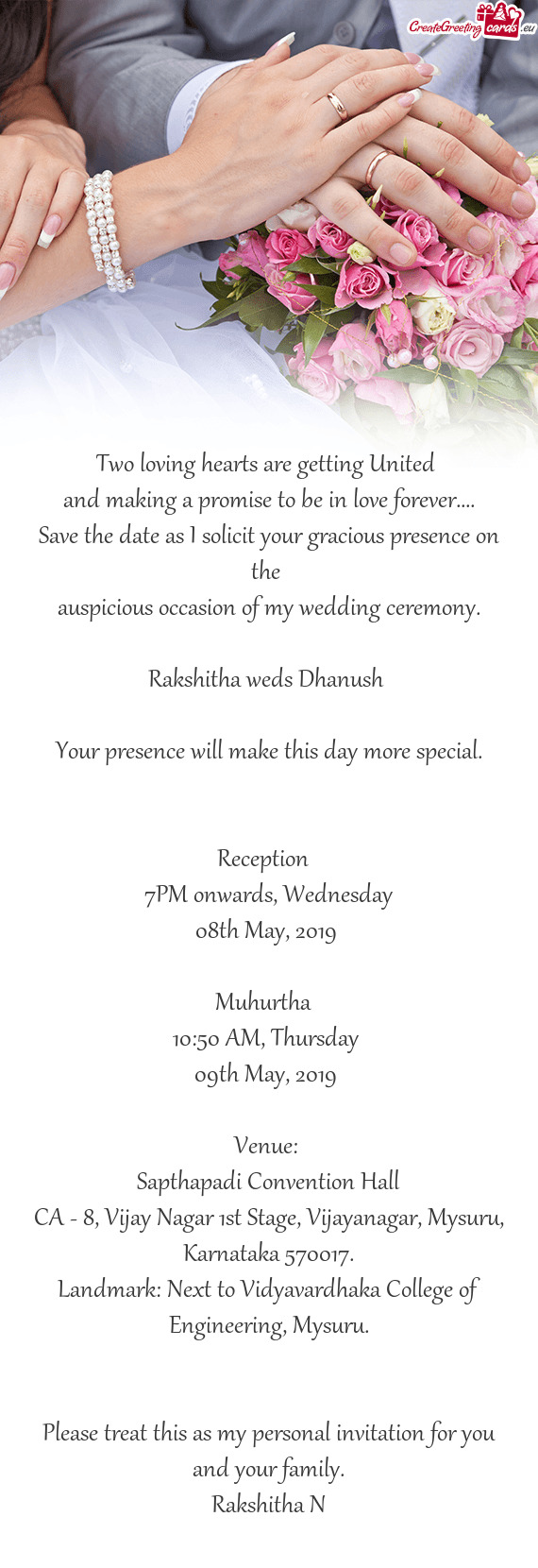 Save the date as I solicit your gracious presence on the 
 auspicious occasion of my wedding cerem