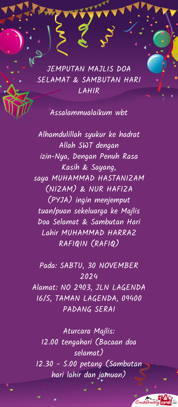 Saya MUHAMMAD HASTANIZAM (NIZAM) & NUR HAFIZA (PYJA) ingin menjemput tuan/puan sekeluarga ke Majlis