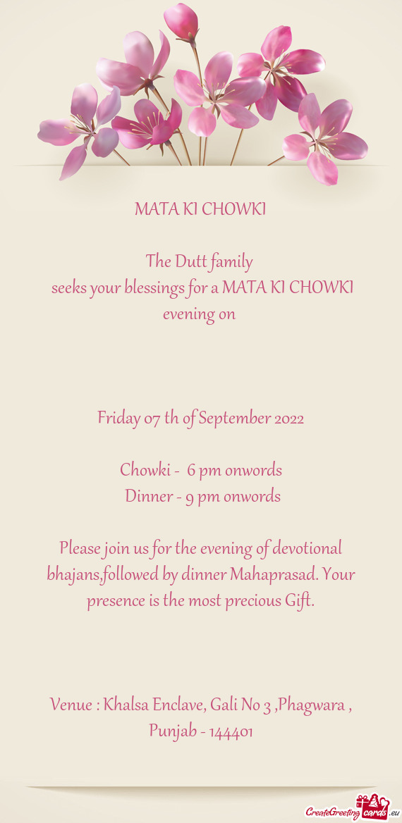 Seeks your blessings for a MATA KI CHOWKI evening on