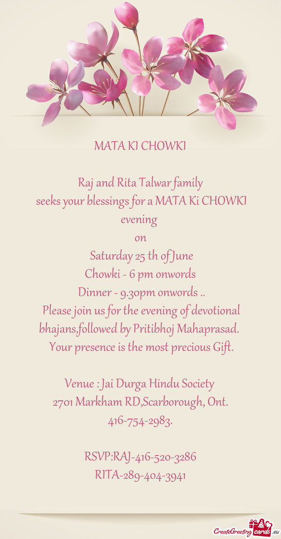 Seeks your blessings for a MATA Ki CHOWKI evening