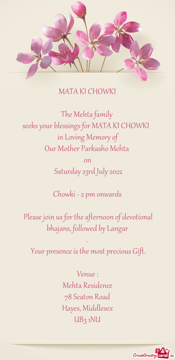 Seeks your blessings for MATA KI CHOWKI