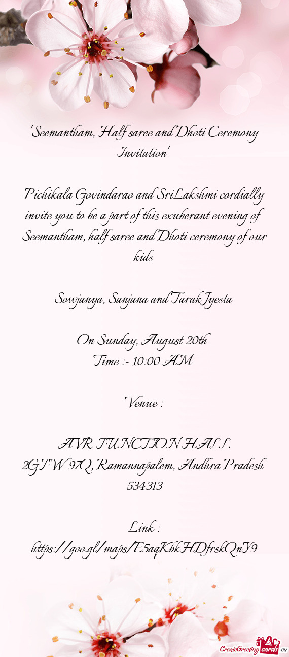 "Seemantham, Half saree and Dhoti Ceremony Invitation"