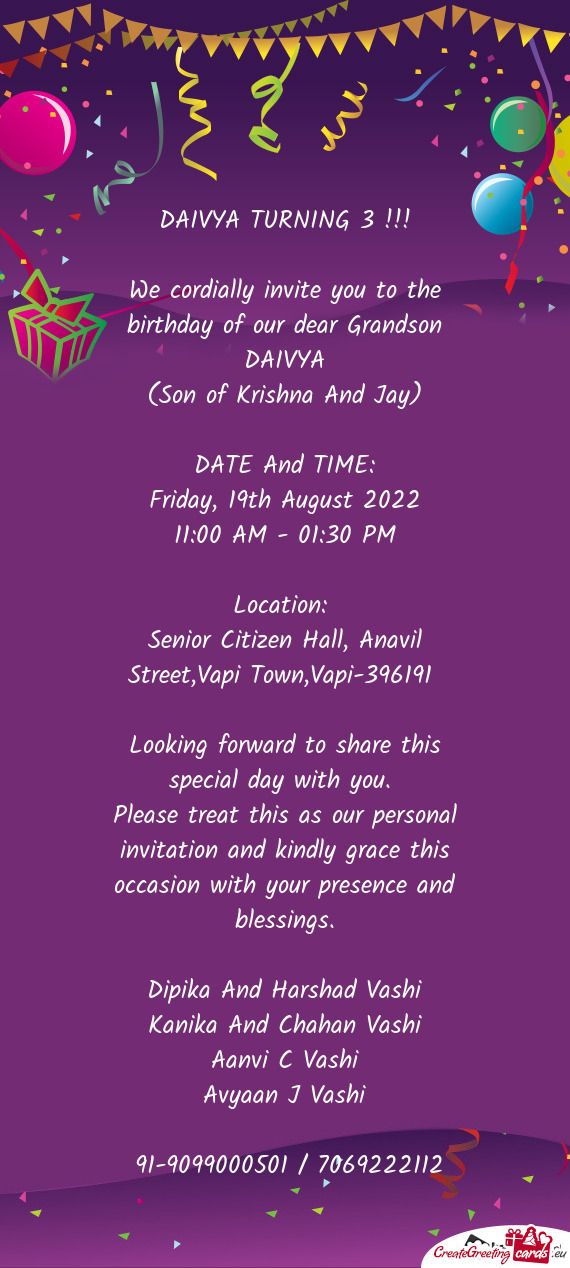 Senior Citizen Hall, Anavil Street,Vapi Town,Vapi-396191