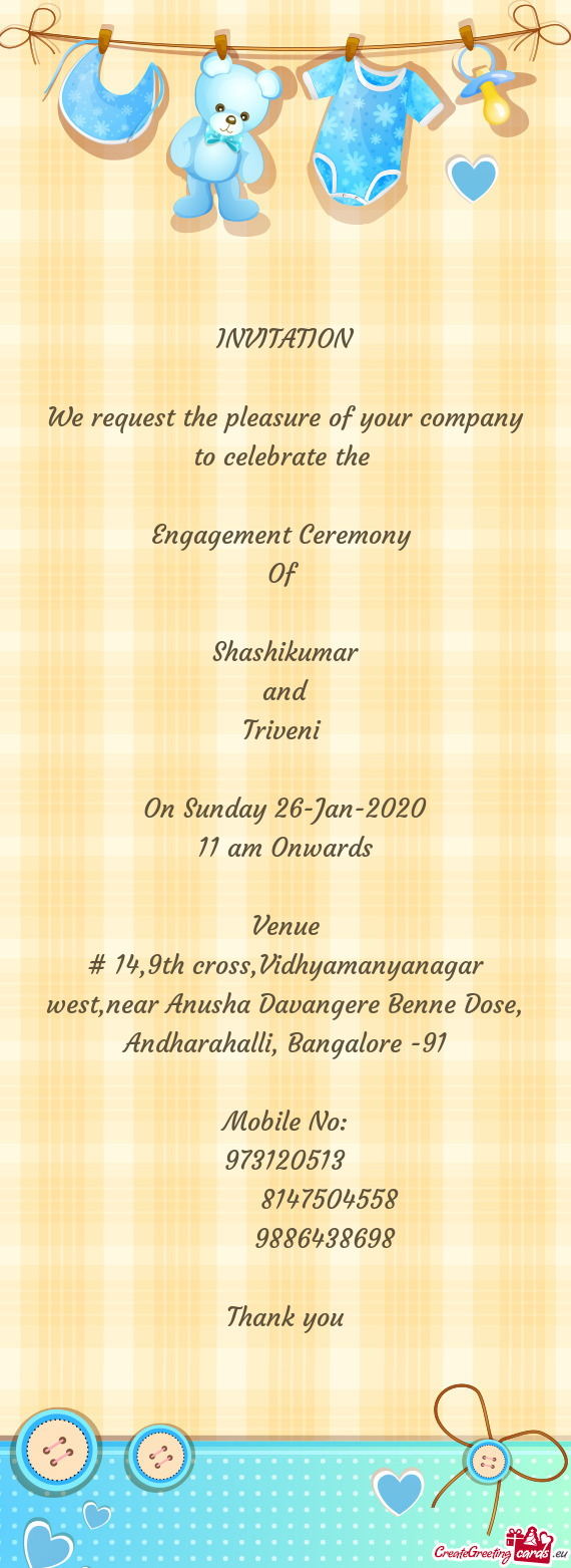 Shashikumar
 and
 Triveni 
 
 On Sunday 26-Jan-2020
 11 am Onwards
 
 Venue
 # 14