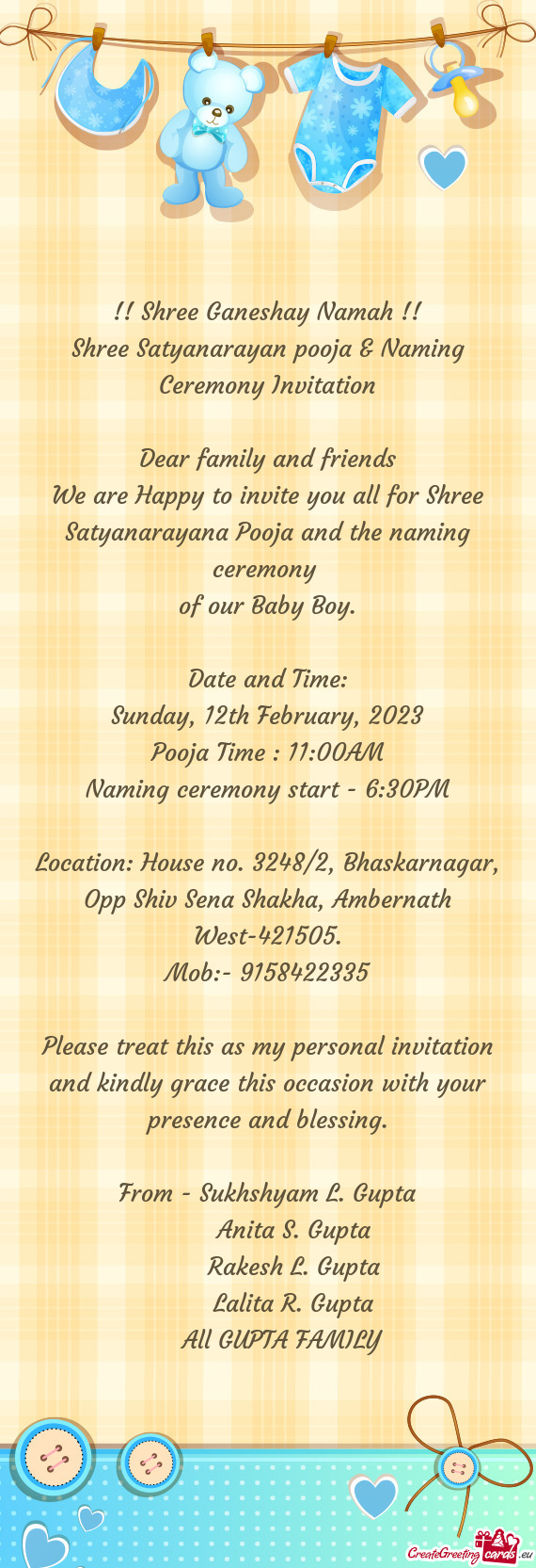 Shree Satyanarayan pooja & Naming Ceremony Invitation