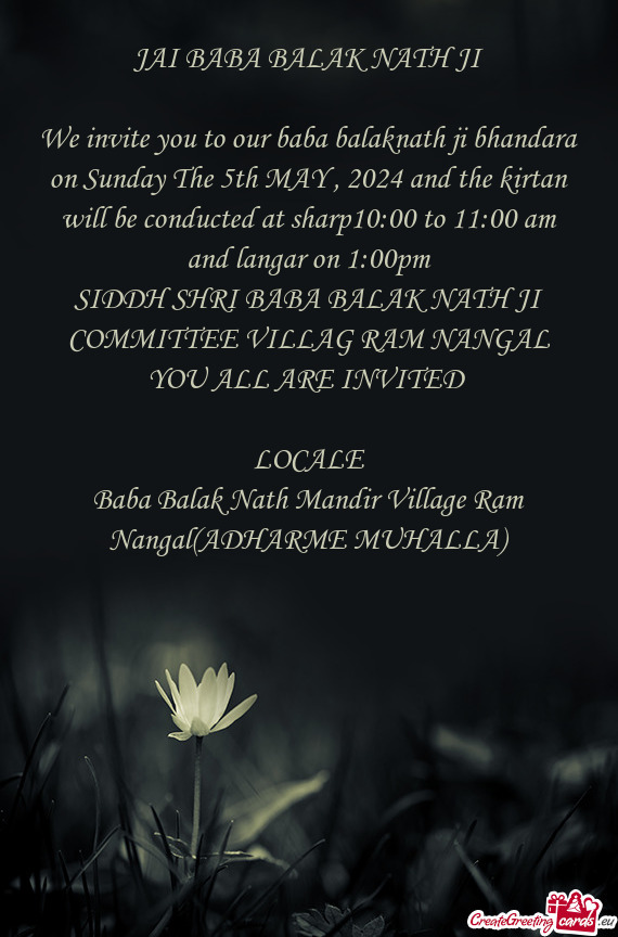 SIDDH SHRI BABA BALAK NATH JI COMMITTEE VILLAG RAM NANGAL YOU ALL ARE INVITED