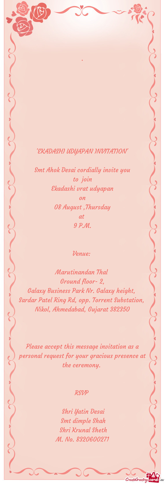 Smt Ahok Desai cordially invite you