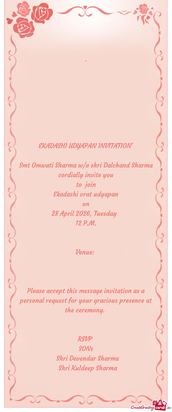 Smt Omwati Sharma w/o shri Dalchand Sharma cordially invite you