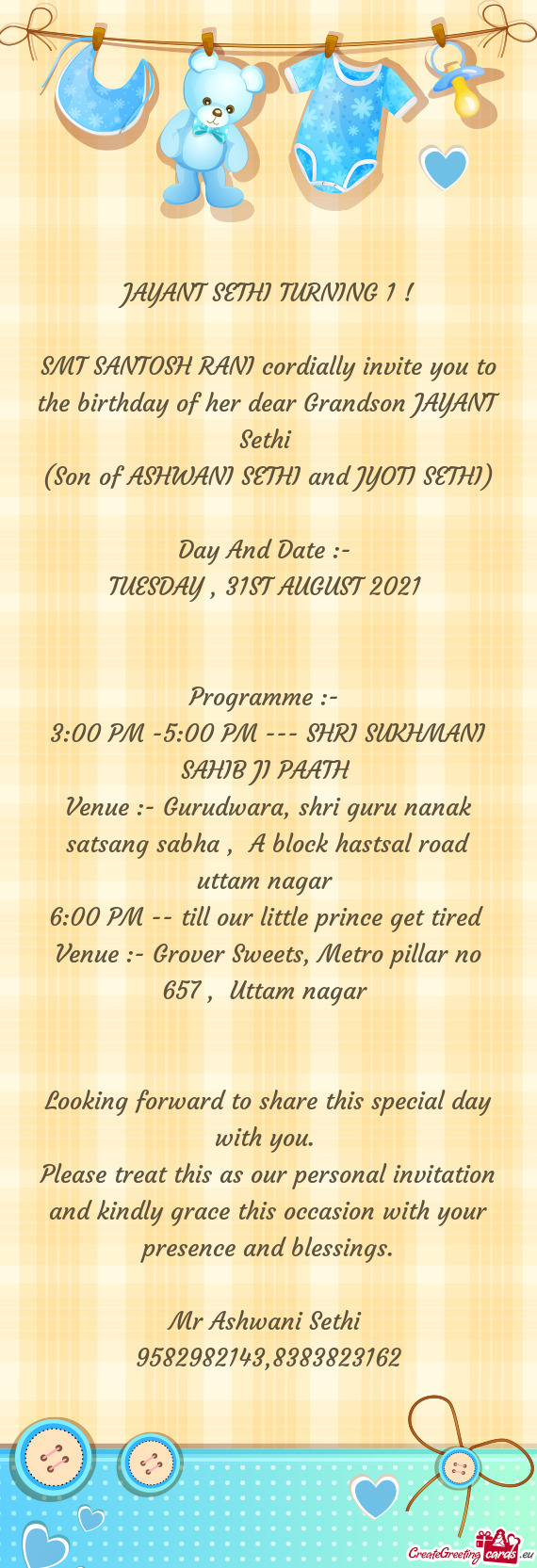 SMT SANTOSH RANI cordially invite you to the birthday of her dear Grandson JAYANT Sethi