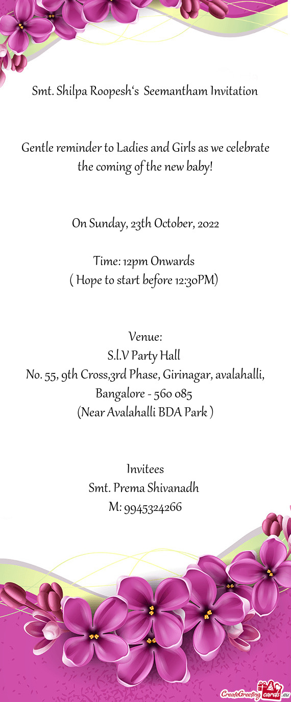 Smt. Shilpa Roopesh‘s Seemantham Invitation