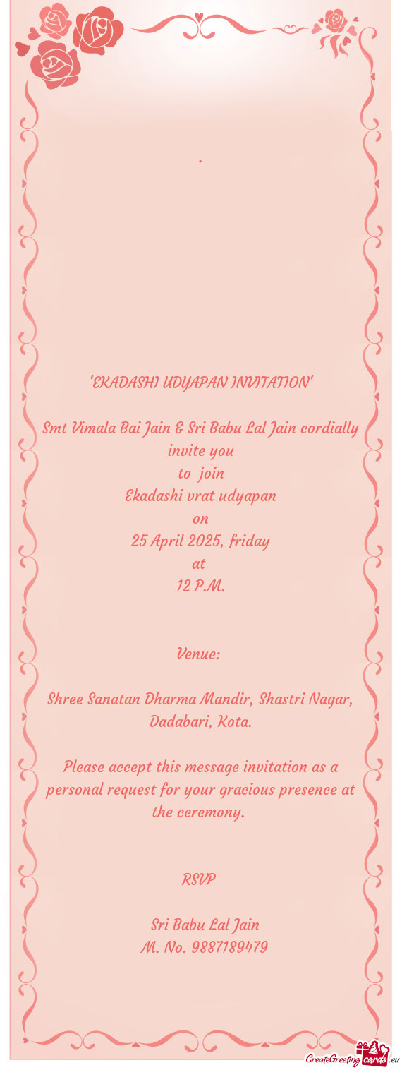 Smt Vimala Bai Jain & Sri Babu Lal Jain cordially invite you