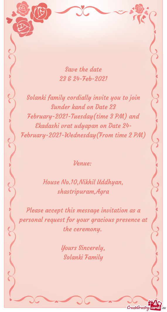 Solanki family cordially invite you to join Sunder kand on Date 23 February-2021-Tuesday(time 3 PM)