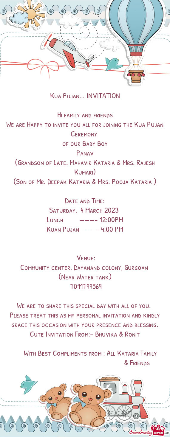 (Son of Mr. Deepak Kataria & Mrs. Pooja Kataria )