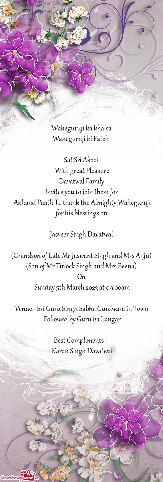 (Son of Mr Tirlock Singh and Mrs Beena)