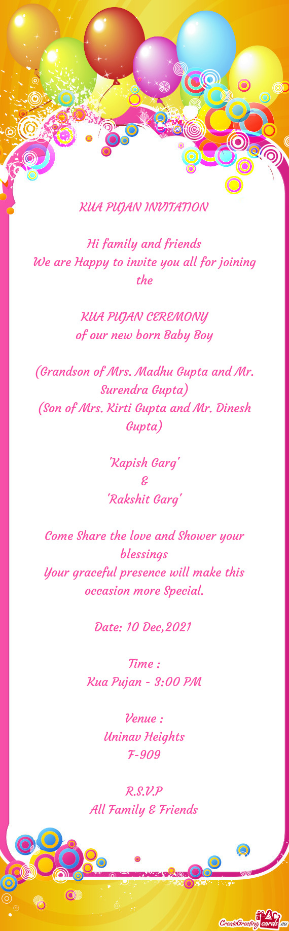 (Son of Mrs. Kirti Gupta and Mr. Dinesh Gupta)