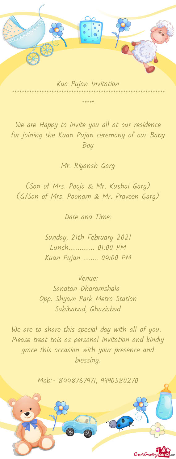 (Son of Mrs. Pooja & Mr. Kushal Garg)