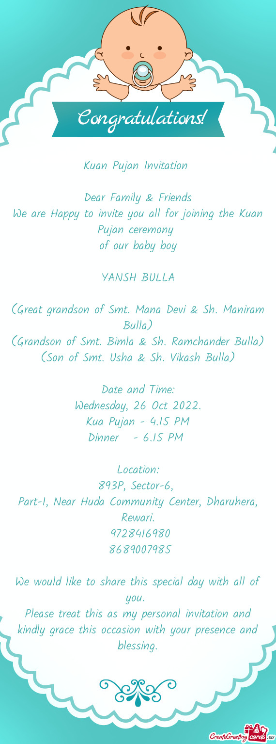 (Son of Smt. Usha & Sh. Vikash Bulla)