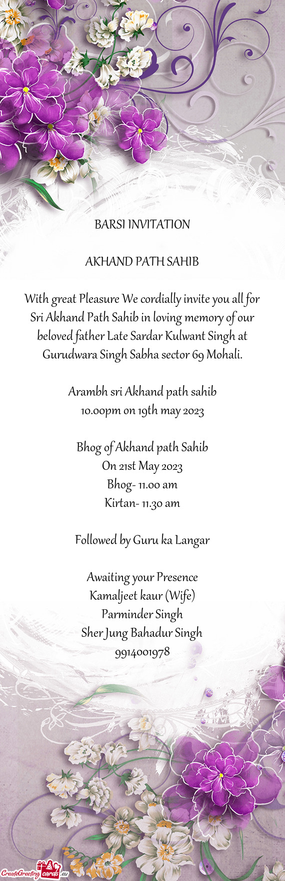 Sri Akhand Path Sahib in loving memory of our beloved father Late Sardar Kulwant Singh at Gurudwara