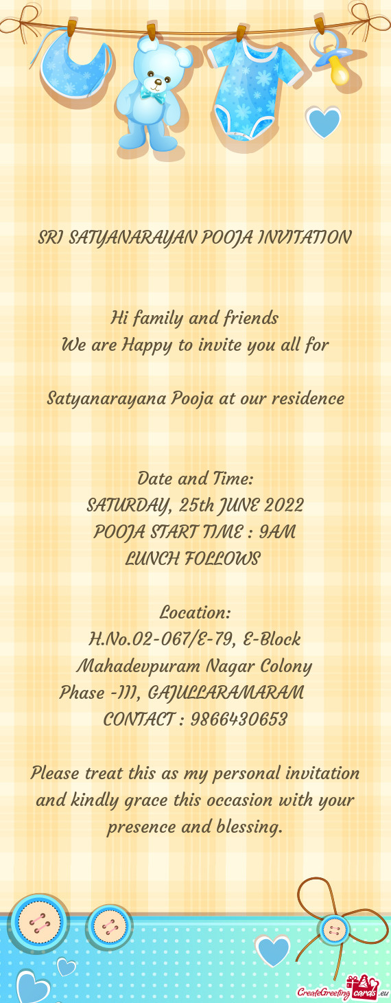 SRI SATYANARAYAN POOJA INVITATION