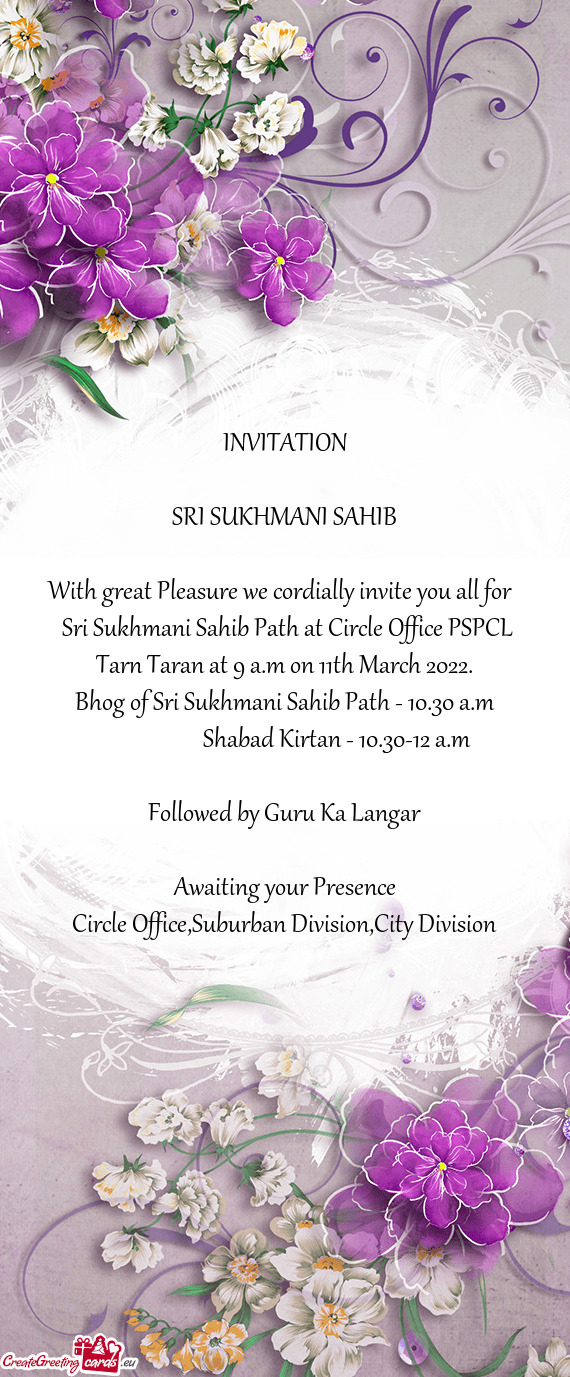 Sri Sukhmani Sahib Path at Circle Office PSPCL Tarn Taran at 9 a.m on 11th March 2022