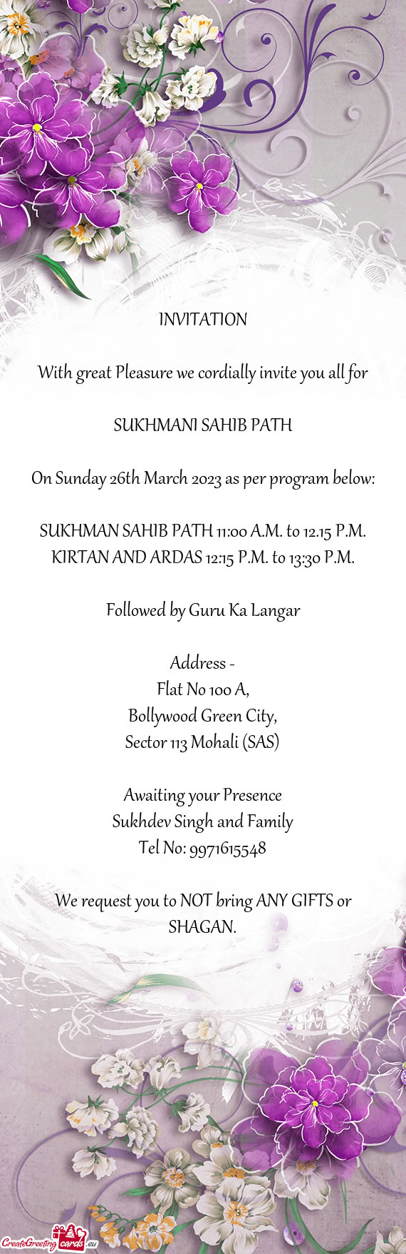 SUKHMAN SAHIB PATH 11:00 A.M. to 12.15 P.M