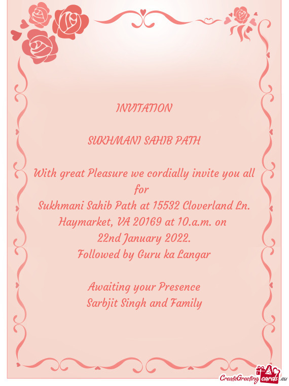 Sukhmani Sahib Path at 15532 Cloverland Ln. Haymarket, VA 20169 at 10.a.m. on