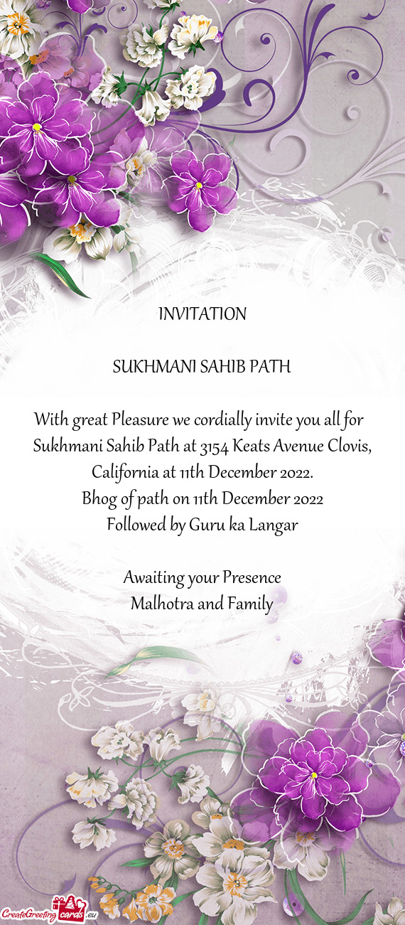 Sukhmani Sahib Path at 3154 Keats Avenue Clovis, California at 11th December 2022