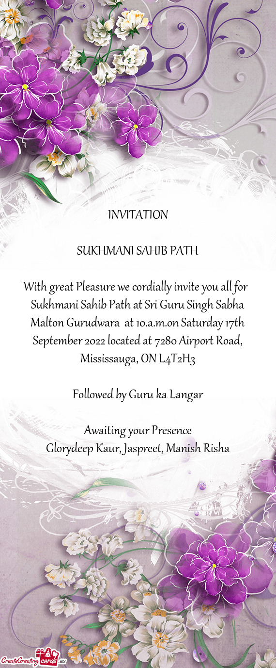 Sukhmani Sahib Path at Sri Guru Singh Sabha Malton Gurudwara at 10.a.m.on Saturday 17th September 2