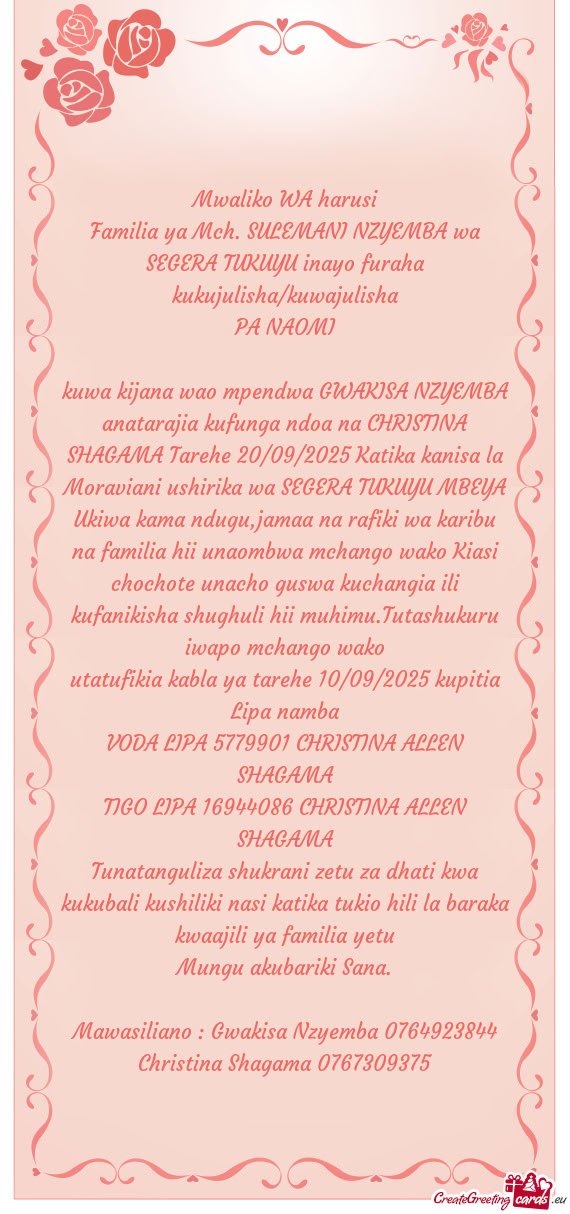 SULEMANI NZYEMBA wa SEGERA TUKUYU inayo furaha kukujulisha/kuwajulisha PA NAOMI kuwa kijana wao