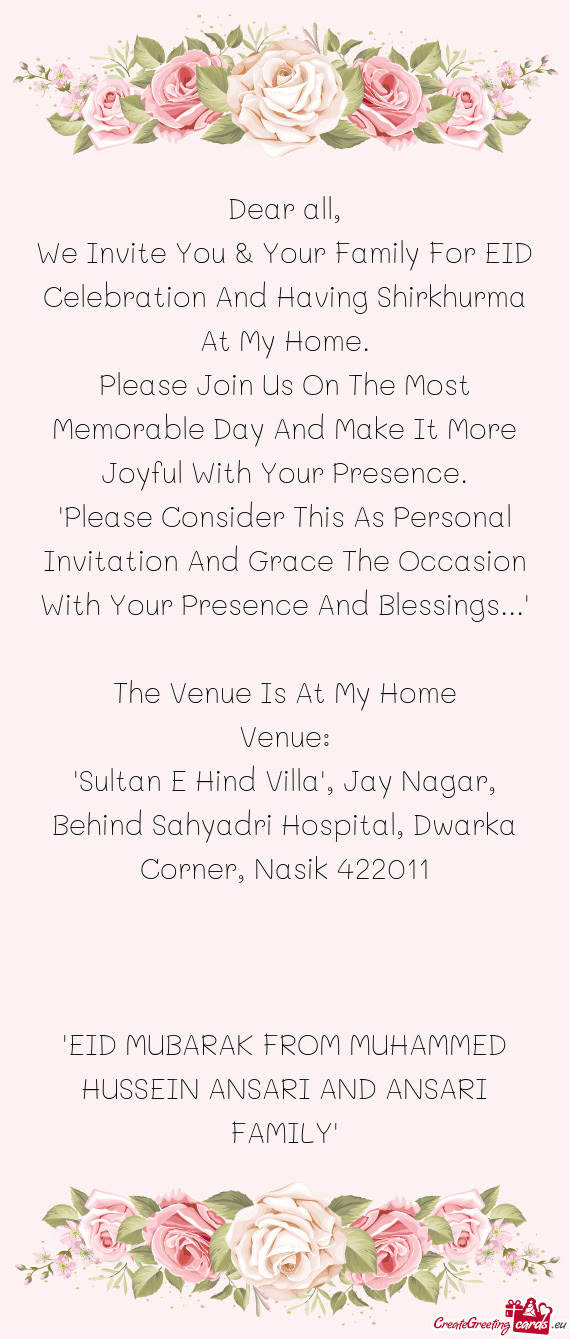 "Sultan E Hind Villa", Jay Nagar, Behind Sahyadri Hospital, Dwarka Corner, Nasik 422011